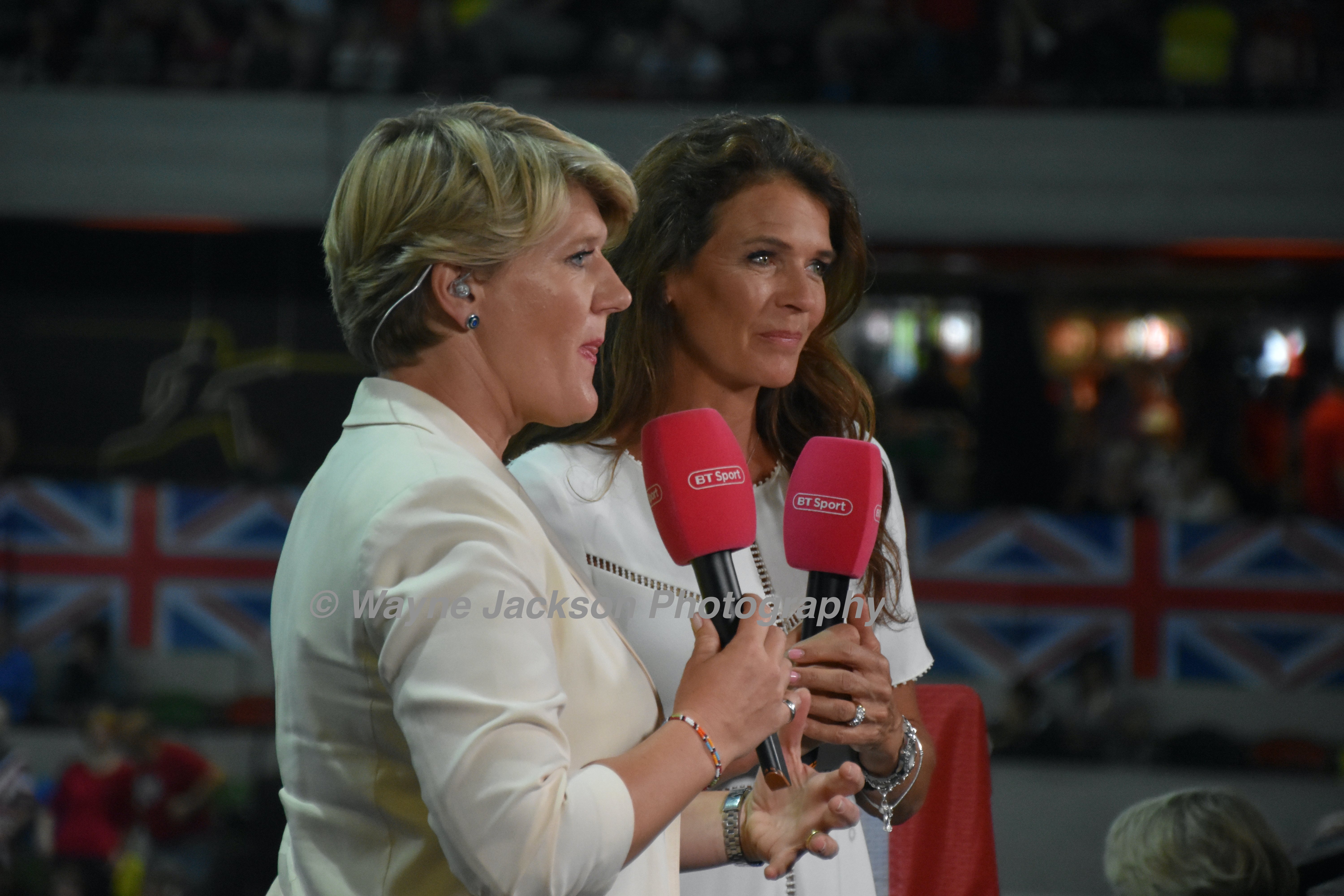 Clare Balding and Annabel Croft commentating on the women's tennis FED Cup for BT Sport