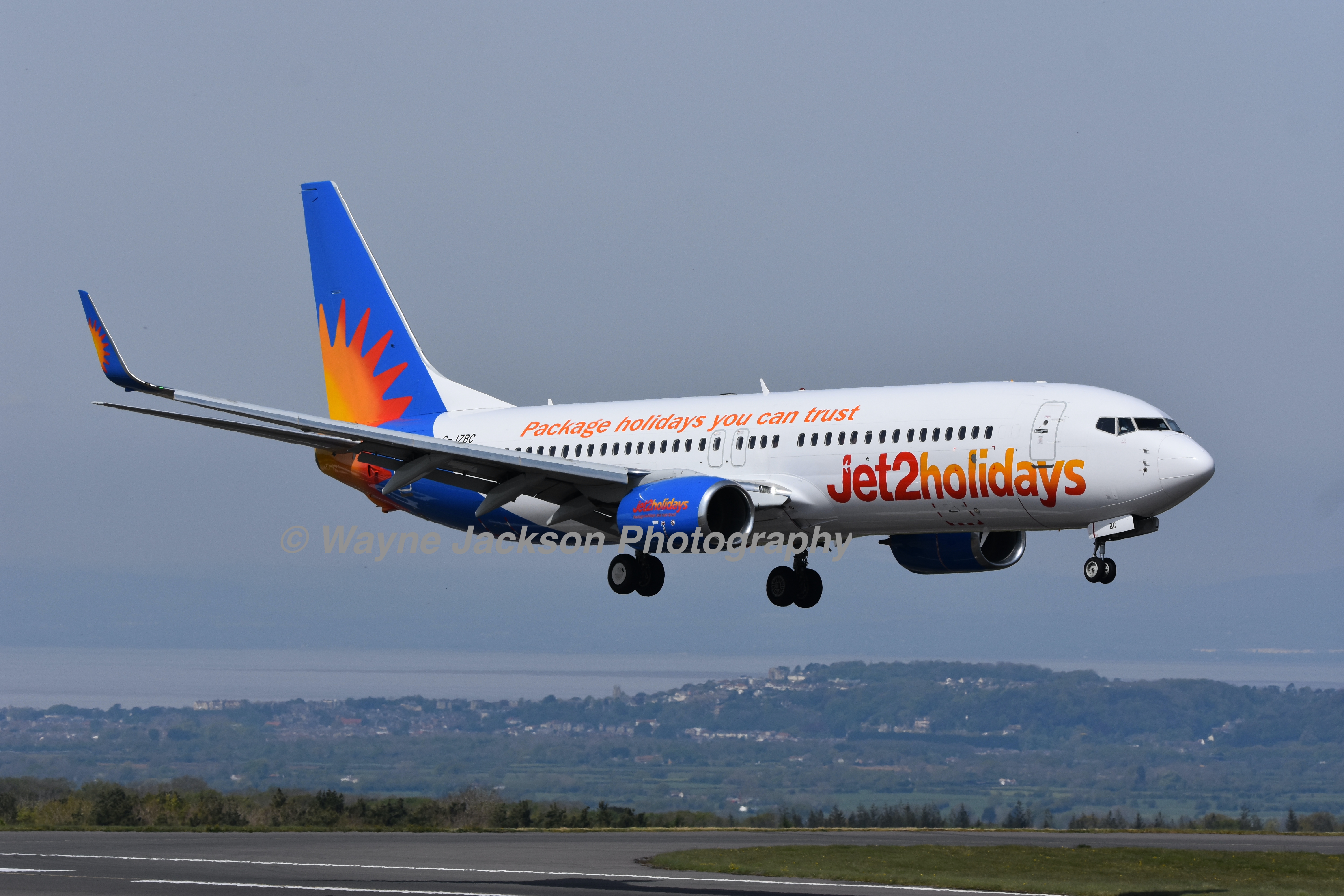 A Jet2holidays aeroplane coming into land at Bristol International Airport