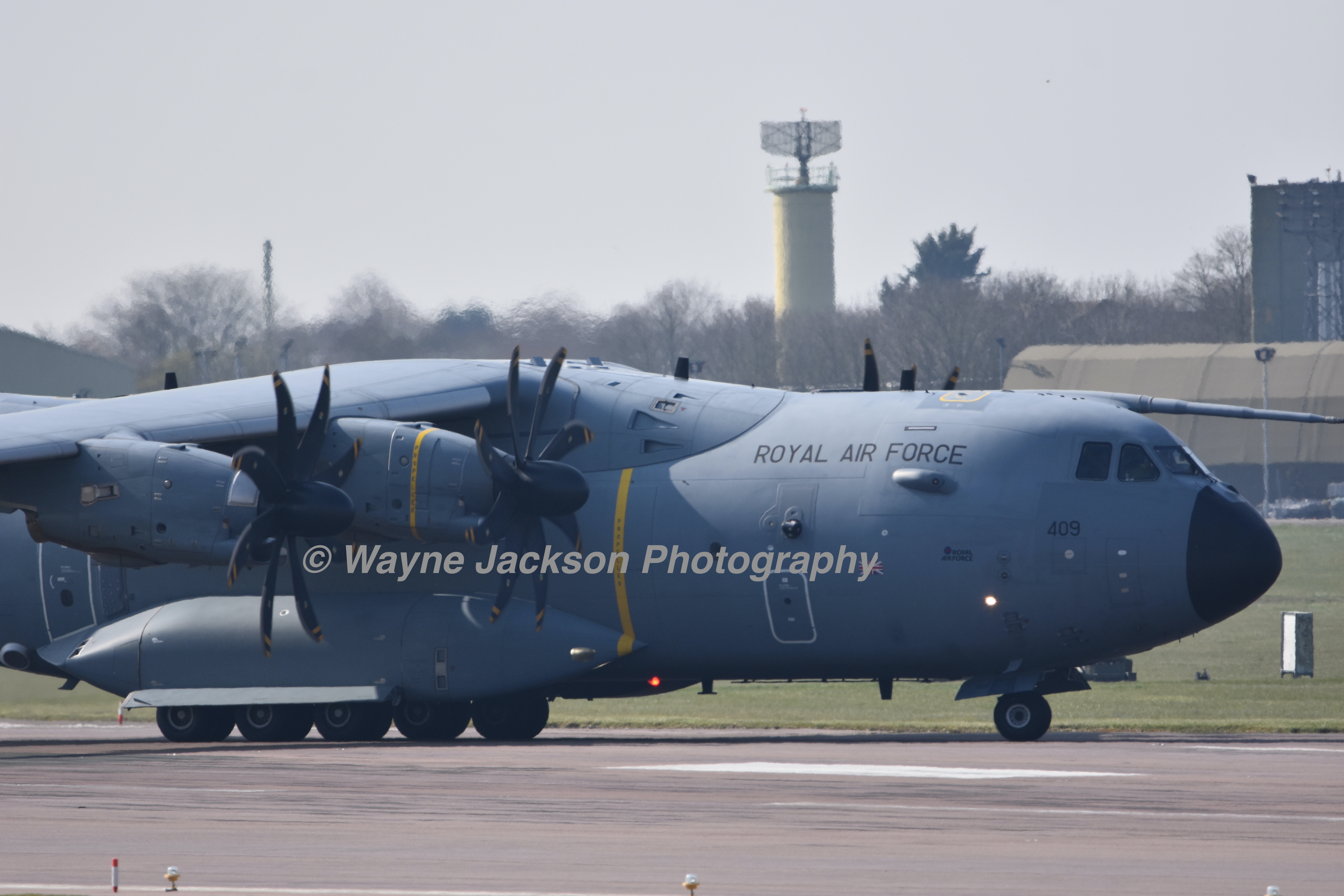 Close up of an RAF Atlas C.1 A400 going down the runway at Royal Air Force Brize Norton